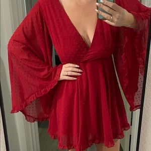 Red Boho Summer Dress - Angel Sleeves, Low Cut